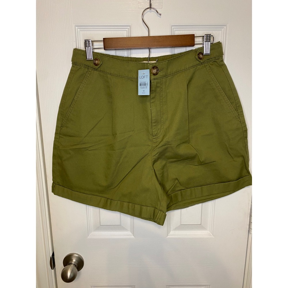 Loft Riviera Shorts Womens 10P Olive‎ Green Pleated Cuffed Cotton Twill NWT